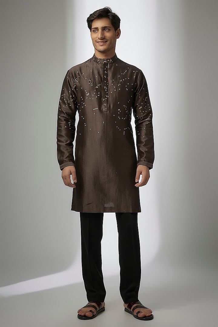 Dark Grey Cotton Silk Printed Kurta by Antar Agni Men