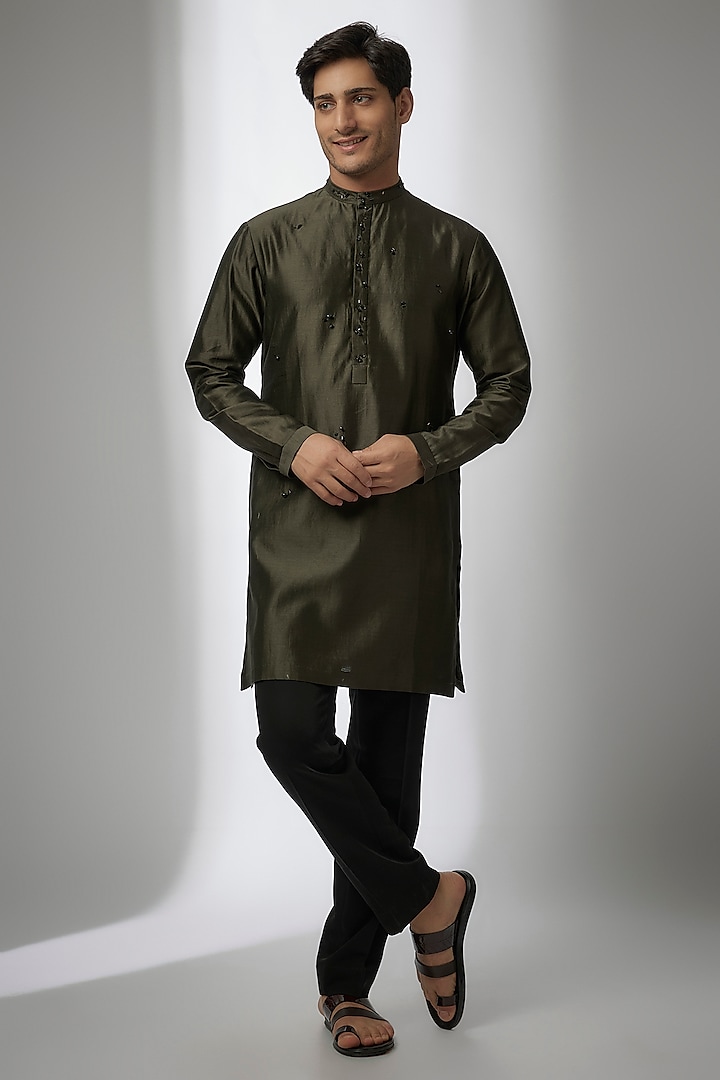 Green Cotton Silk Kurta by Antar Agni Men