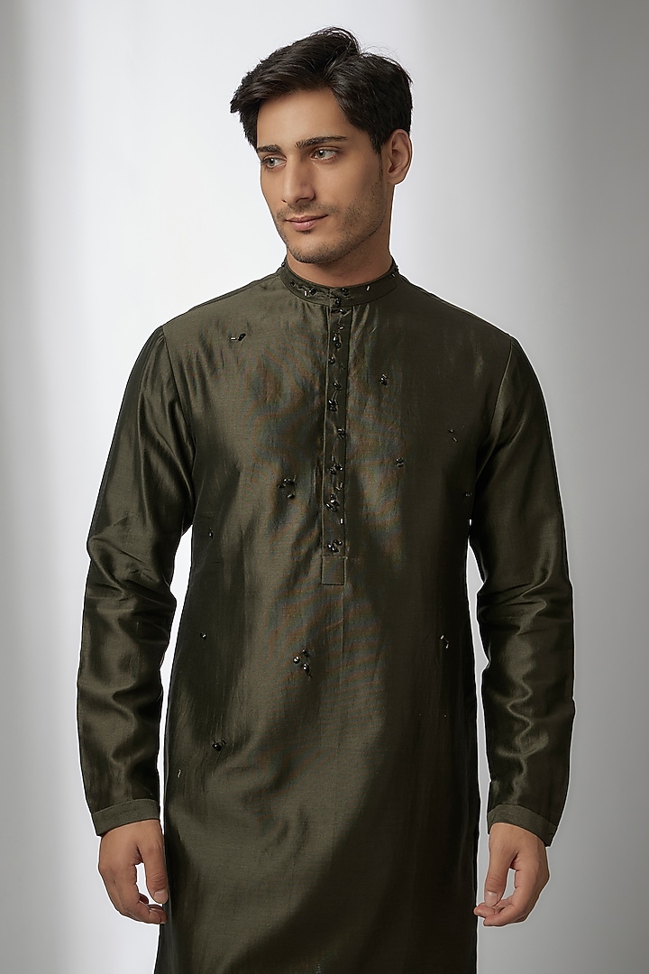 Green Cotton Silk Kurta by Antar Agni Men at Pernia's Pop Up Shop