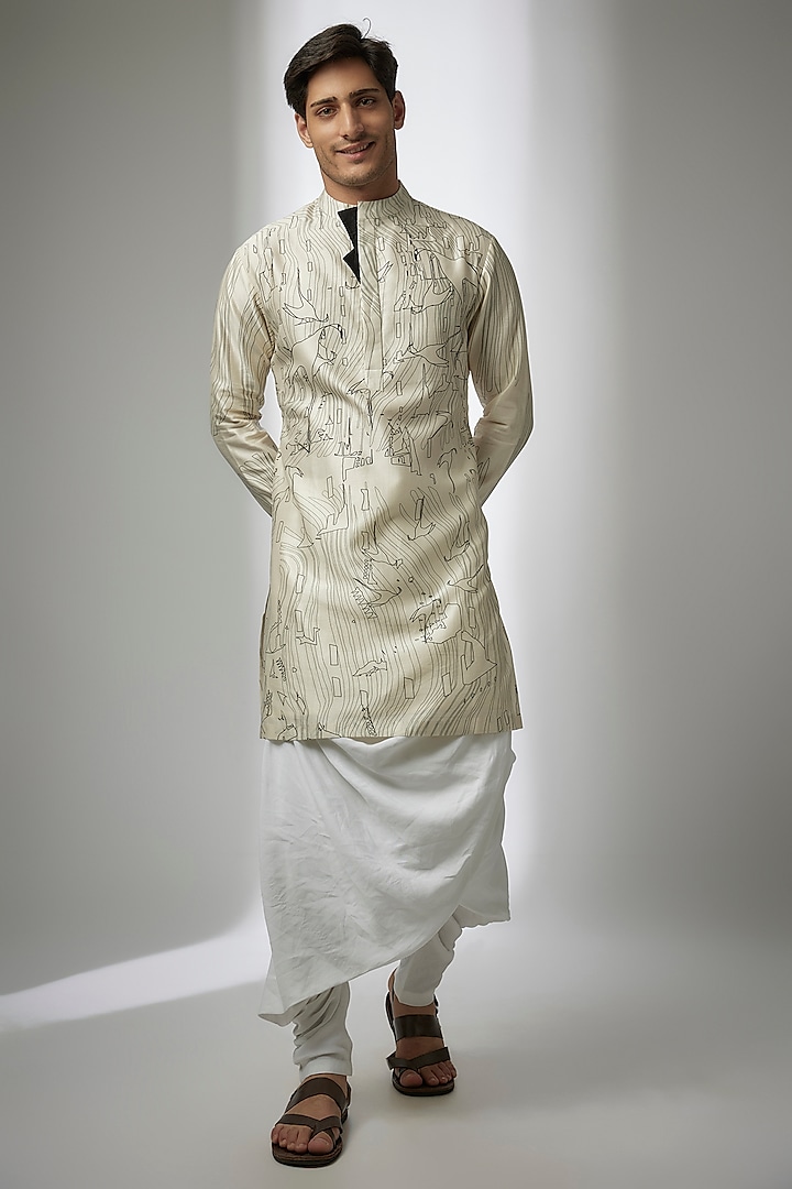 White Cotton Satin Draped Salwar Pants by Antar Agni Men