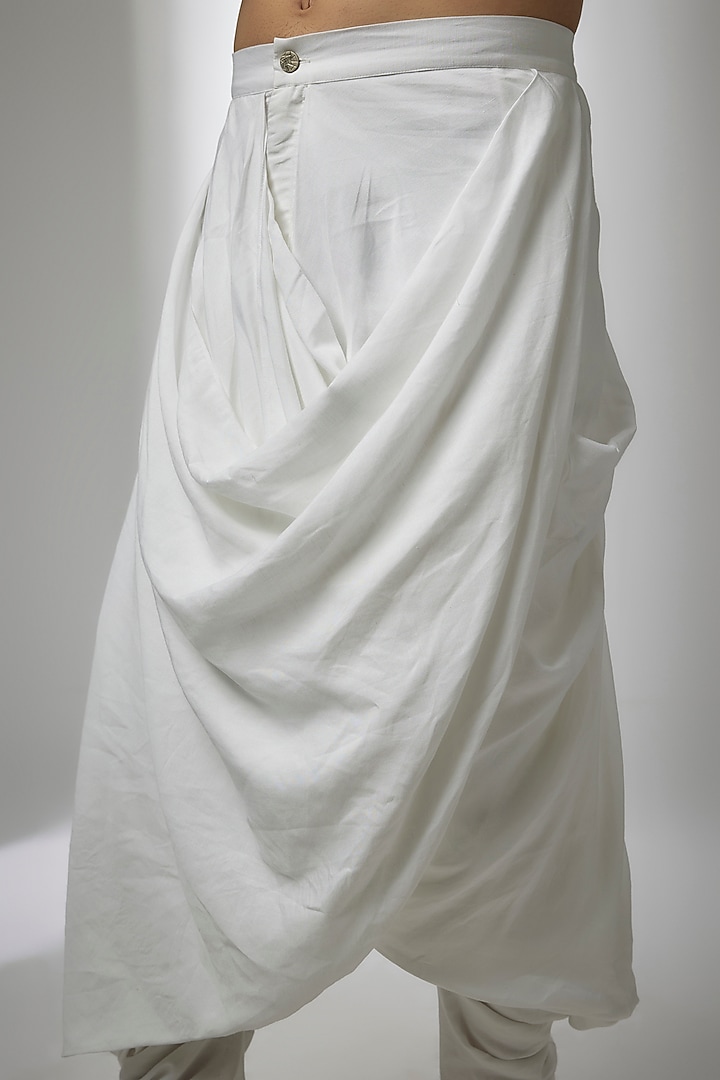 White Cotton Satin Draped Salwar Pants by Antar Agni Men at Pernia's Pop Up Shop