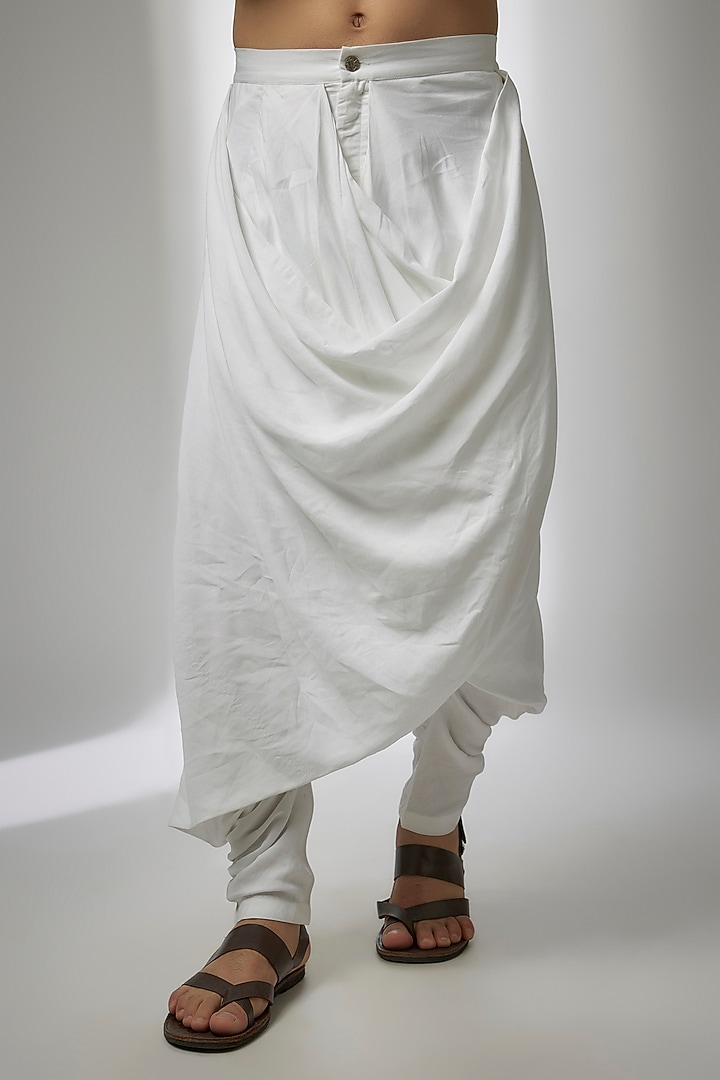 White Cotton Satin Draped Salwar Pants by Antar Agni Men at Pernia's Pop Up Shop