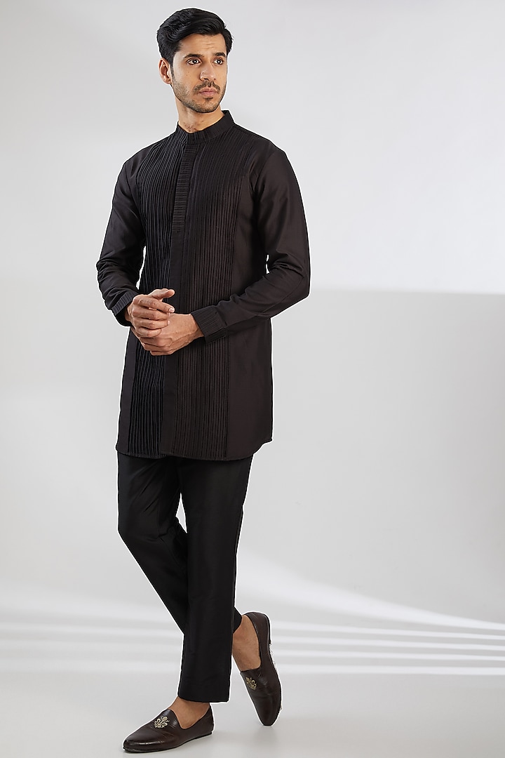 Black Cotton Silk Kurta by Antar Agni Men