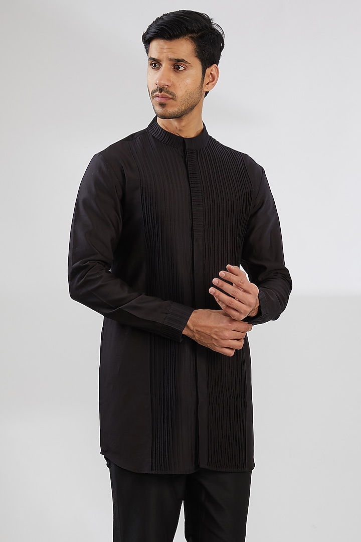 Black Cotton Silk Kurta by Antar Agni Men at Pernia's Pop Up Shop
