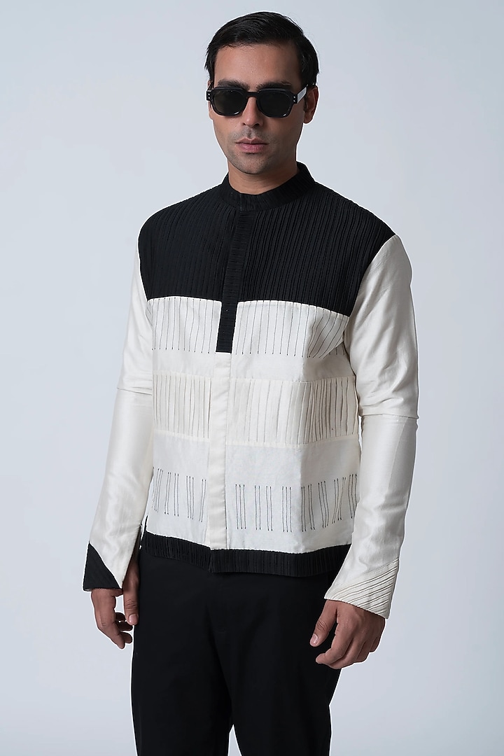 Ivory & Black Cotton Silk Wedding Shirt by Antar Agni Men at Pernia's Pop Up Shop