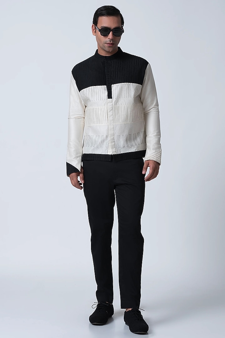Ivory & Black Cotton Silk Wedding Shirt by Antar Agni Men at Pernia's Pop Up Shop