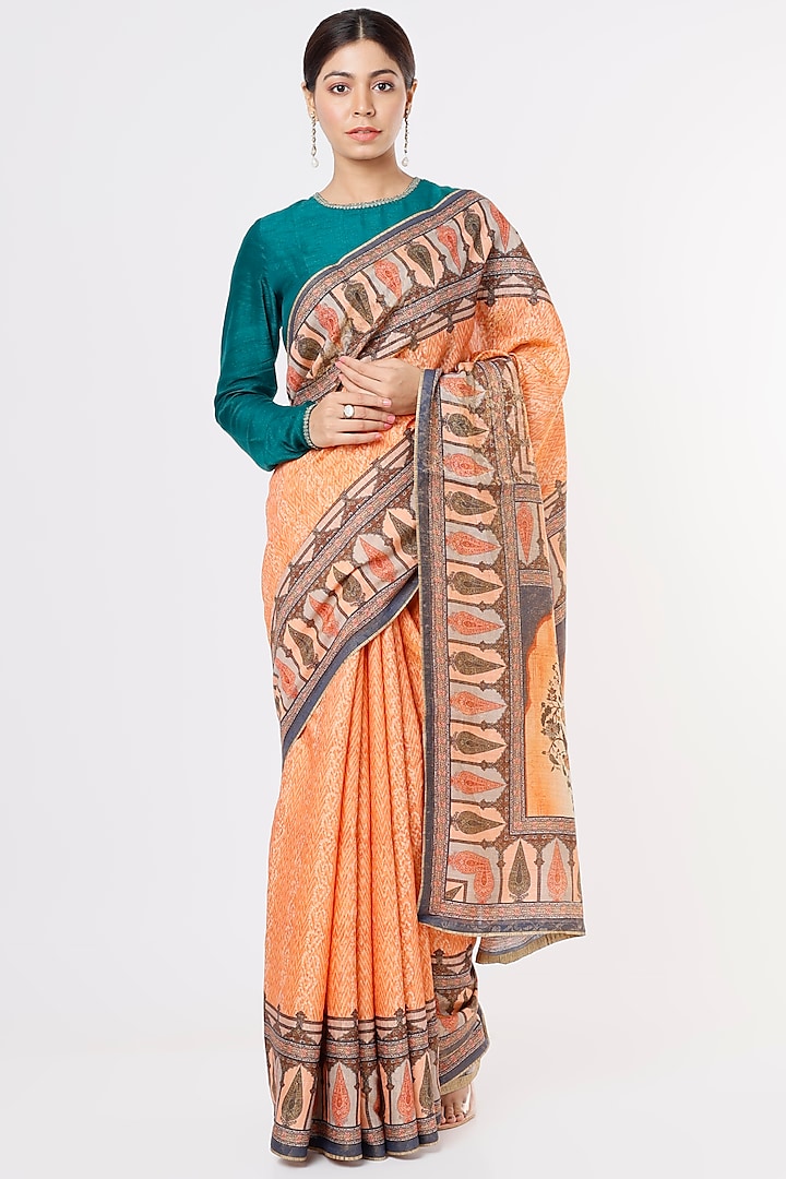 Orange Silk Digital Printed Saree by Angarika