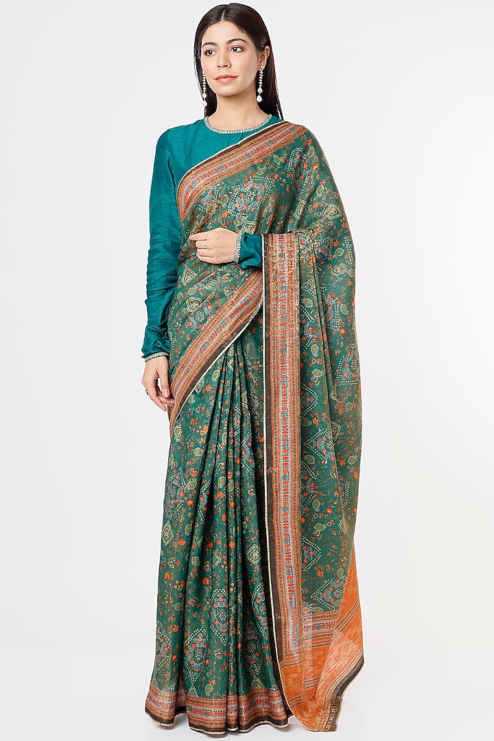 Green Silk Printed Saree by Angarika