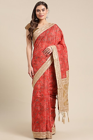 Red Chanderi Silk Printed Saree by Angarika