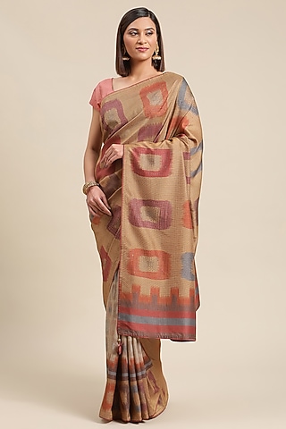 Cream Ikat Printed Saree by Angarika