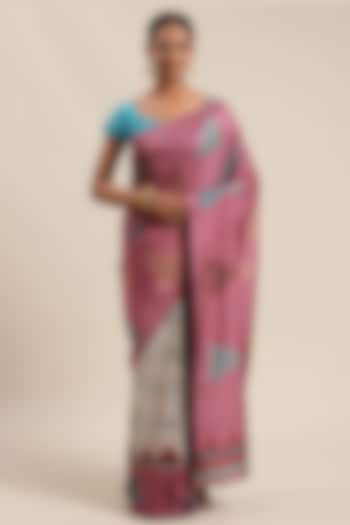 Grey Saree With Ikat Print by Angarika