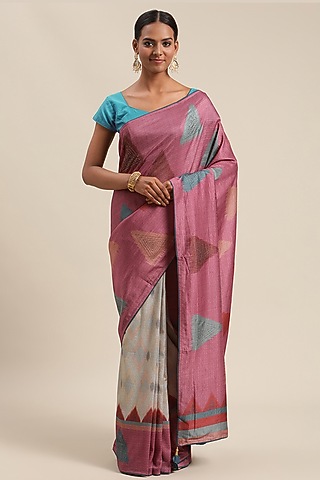 Grey Saree With Ikat Print by Angarika