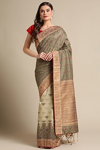 Beige Tussar Silk Printed Saree by Angarika