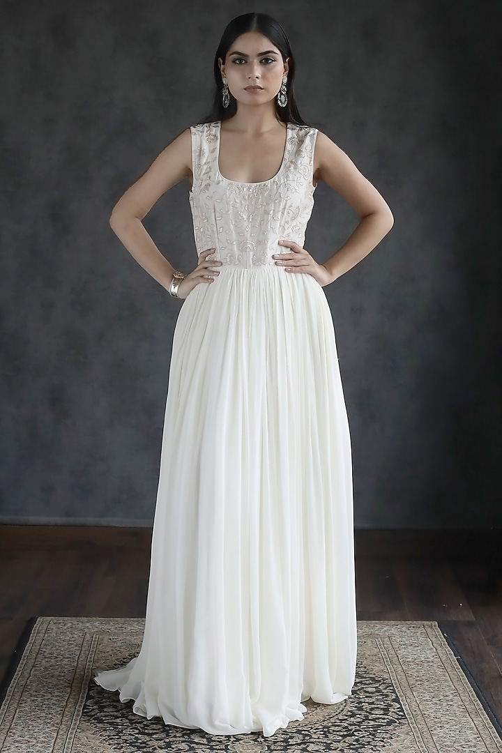 Ivory Georgette Embellished Gown by ANGSA BY NIDHIR & SHELLY