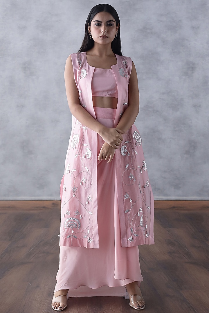 Rose Pink Chanderi Silk Embroidered Cape Set by ANGSA BY NIDHIR & SHELLY