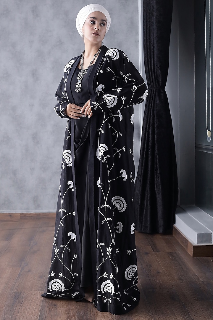 Black Chanderi Silk Embellished Cape Set by ANGSA BY NIDHIR & SHELLY