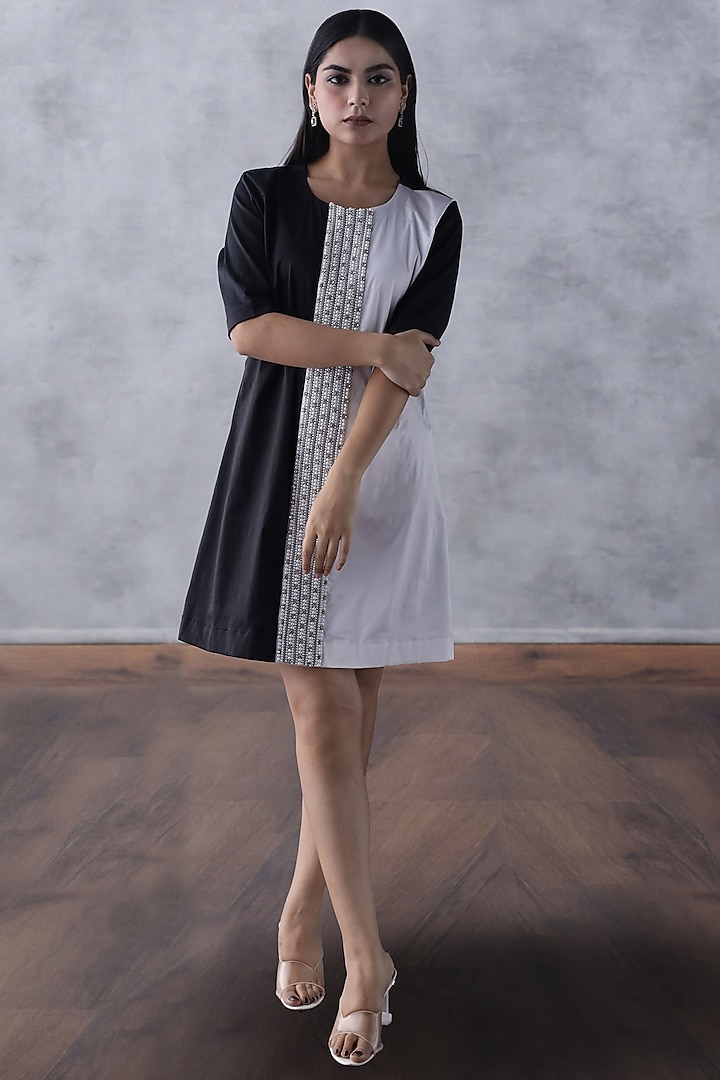 Black & White Satin Lycra Color Blocked & Embroidered Dress by ANGSA BY NIDHIR & SHELLY