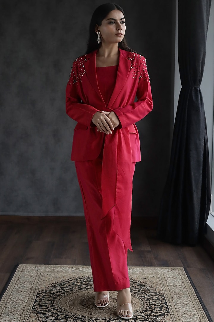Rani Pink Chanderi Silk Embellished Blazer Set by ANGSA BY NIDHIR & SHELLY