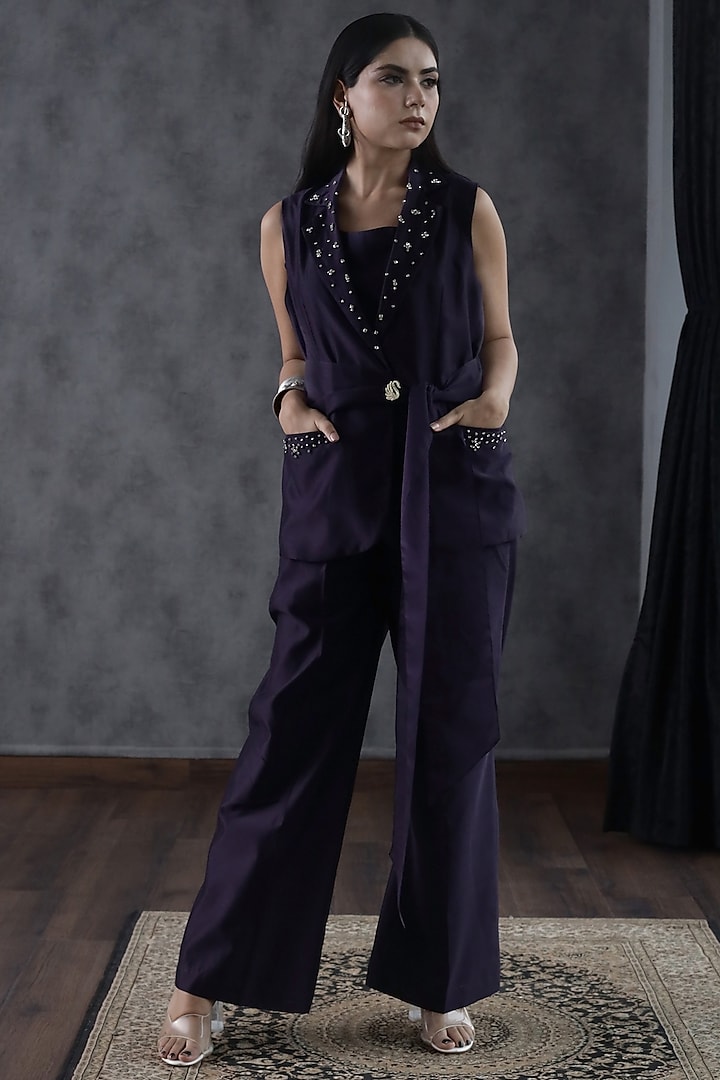 Purple Chanderi Silk Embellished Blazer Set by ANGSA BY NIDHIR & SHELLY