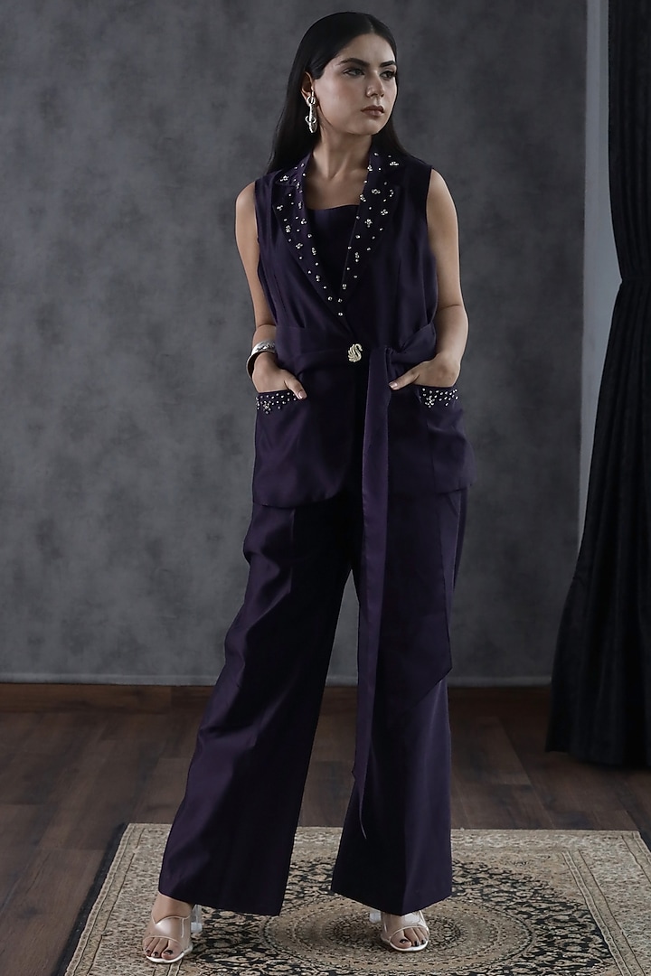 Purple Chanderi Silk Embellished Blazer Set by ANGSA BY NIDHIR & SHELLY at Pernia's Pop Up Shop