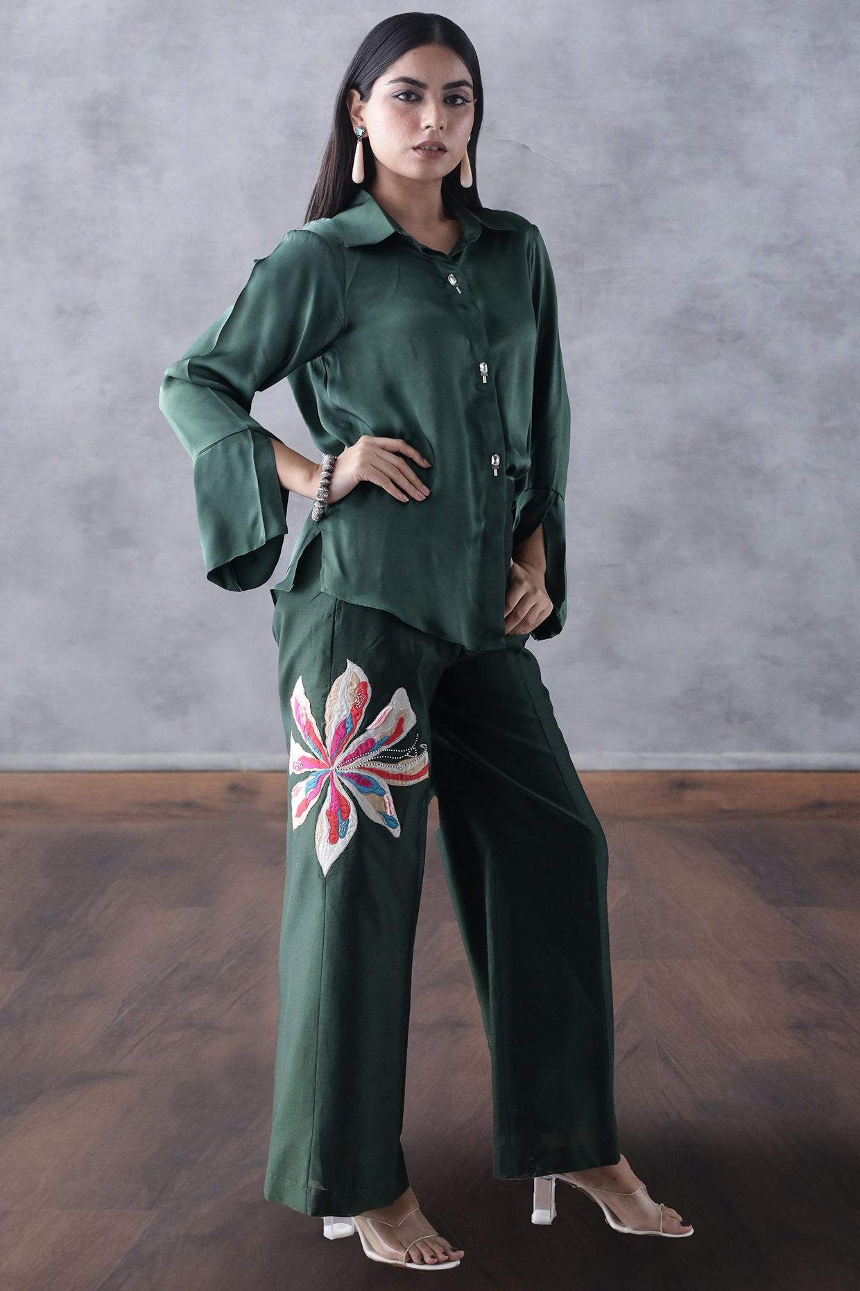 Bottle Green Satin Co-Ord Set by ANGSA BY NIDHIR & SHELLY at Pernia's Pop Up Shop