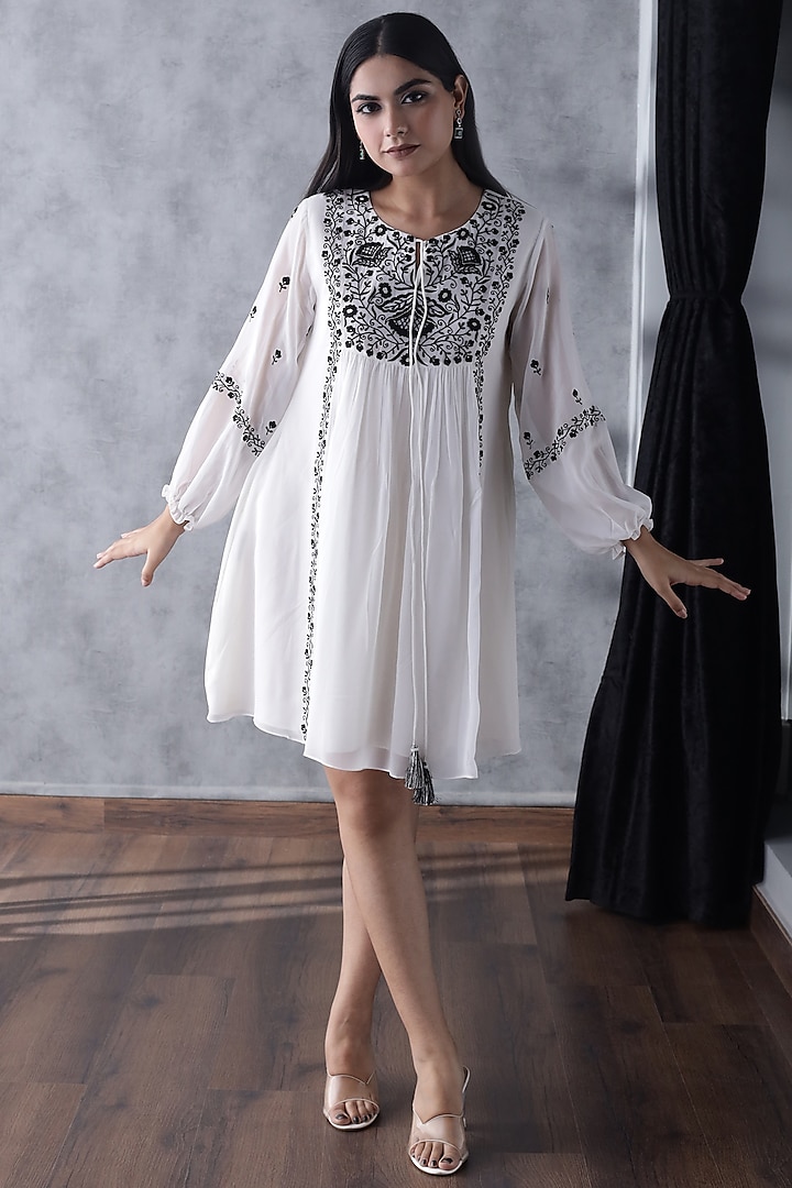 Ivory Georgette Embroidered Dress by ANGSA BY NIDHIR & SHELLY