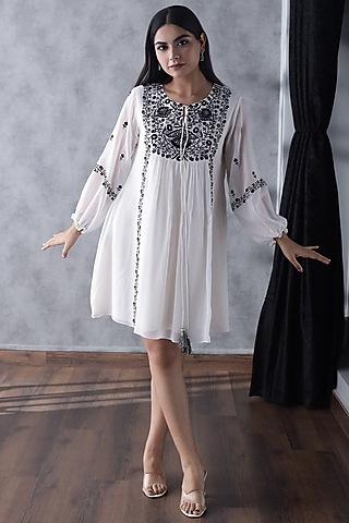 Ivory Georgette Embroidered Dress by ANGSA BY NIDHIR & SHELLY