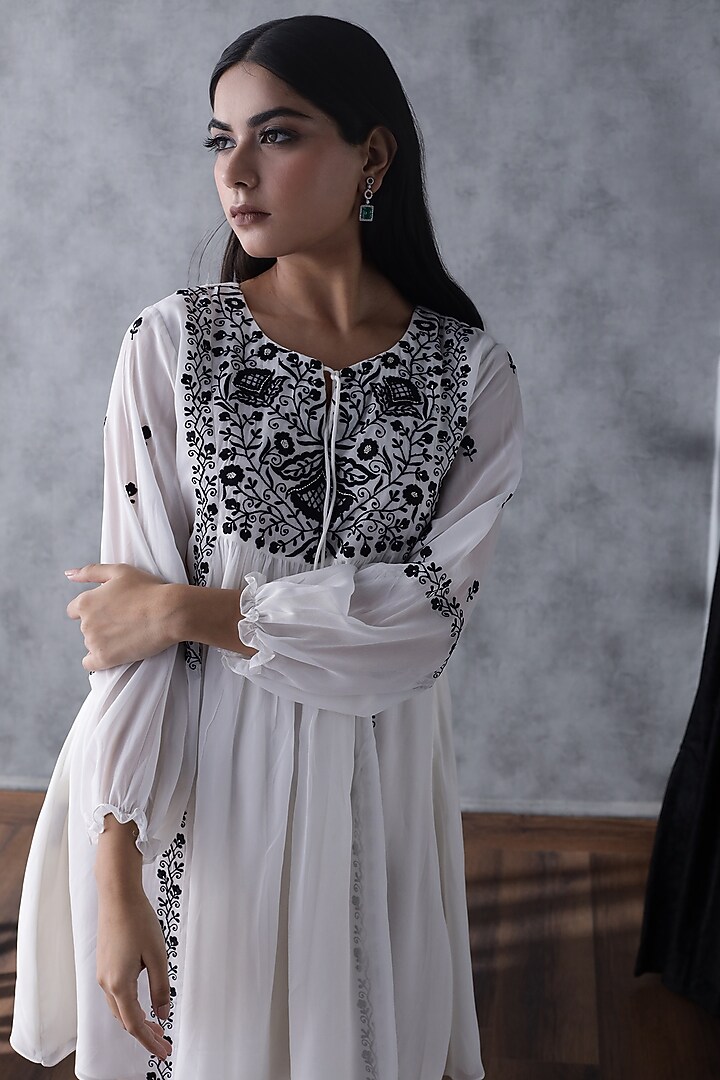 Ivory Georgette Embroidered Summer Dress by ANGSA BY NIDHIR & SHELLY at Pernia's Pop Up Shop