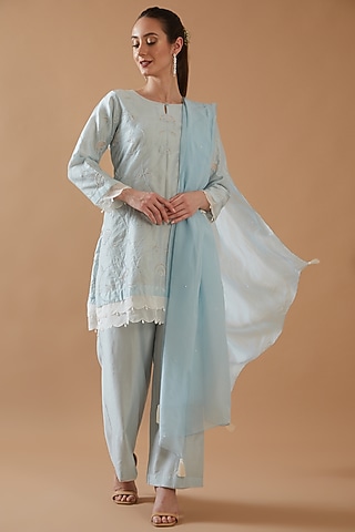 Sky Blue Chanderi Silk Embroidered Kurta Set by ANGSA BY NIDHIR & SHELLY