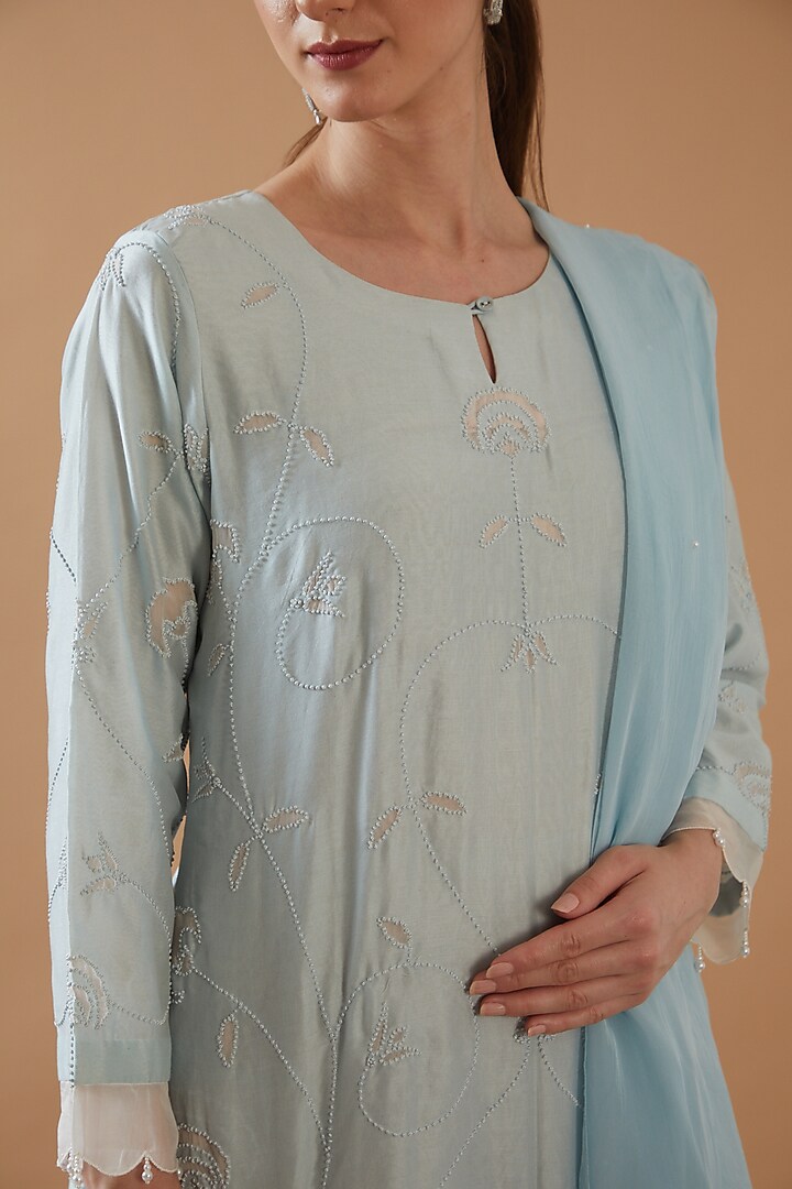 Sky Blue Chanderi Silk Embroidered Kurta Set by ANGSA BY NIDHIR & SHELLY at Pernia's Pop Up Shop
