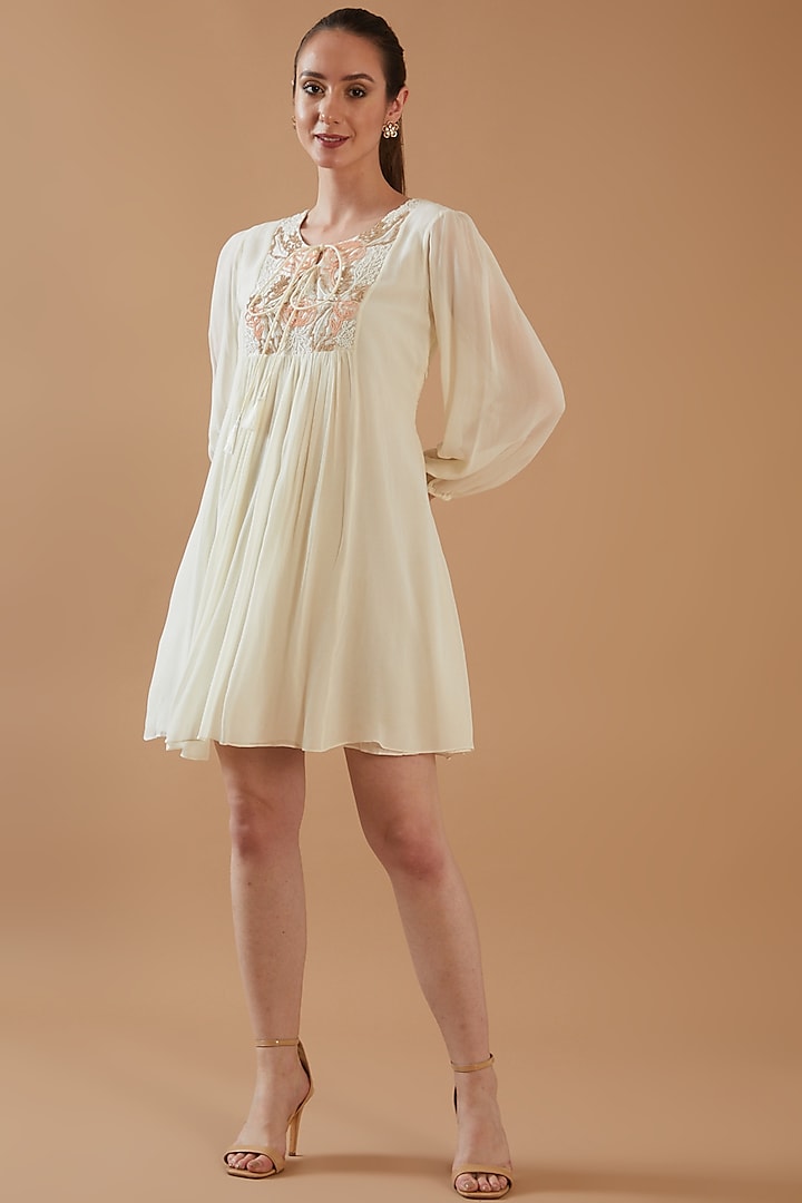 Ivory Georgette Embroidered Dress by ANGSA BY NIDHIR & SHELLY