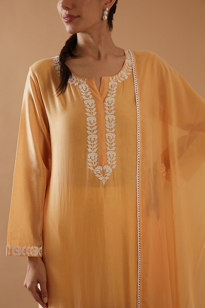 Peach Chanderi Silk Embroidered Kurta Set by ANGSA BY NIDHIR & SHELLY at Pernia's Pop Up Shop