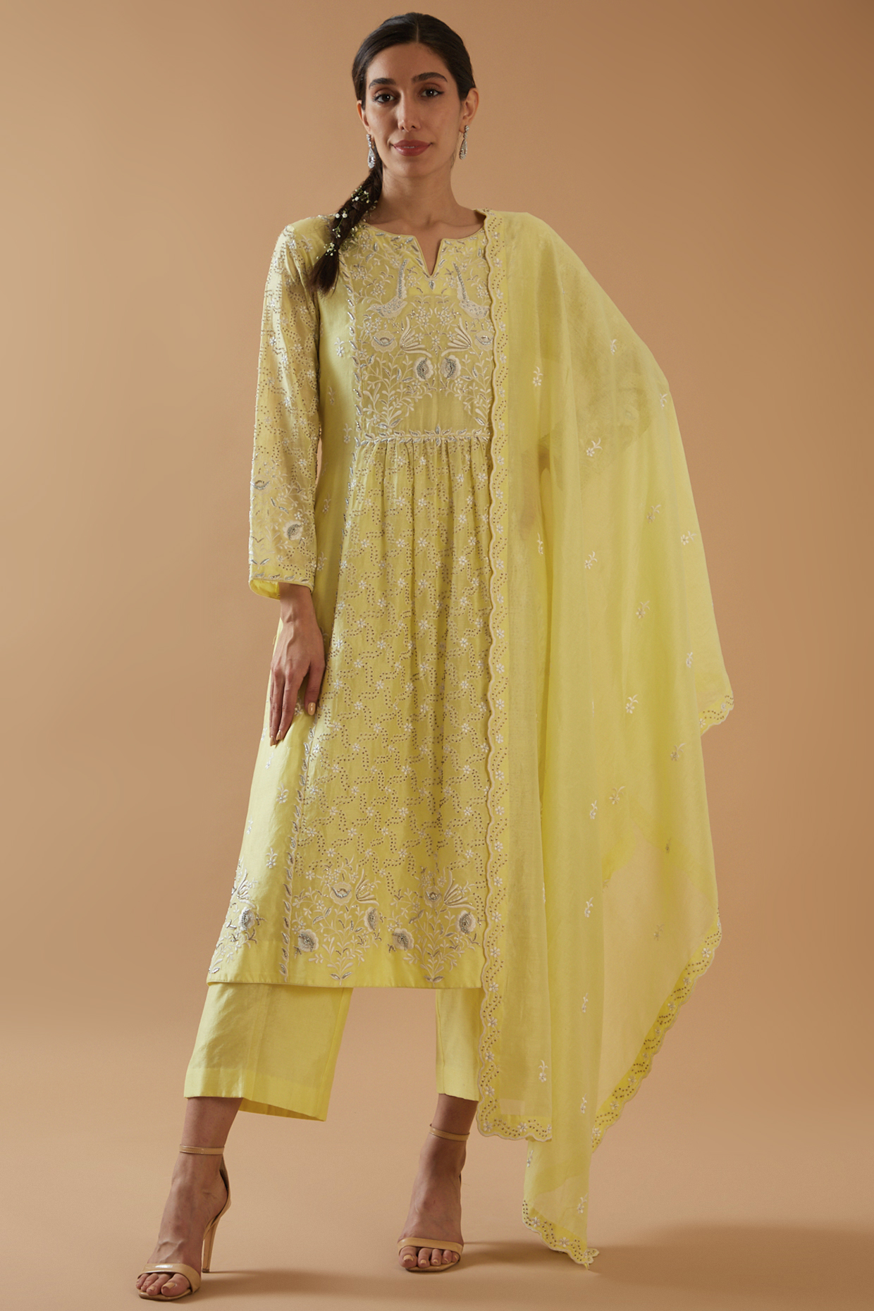 Lemon Yellow Chanderi Silk Embroidered Kurta Set by ANGSA BY NIDHIR & SHELLY at Pernia's Pop Up Shop