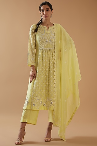 Lemon Yellow Chanderi Silk Embroidered Kurta Set by ANGSA BY NIDHIR & SHELLY