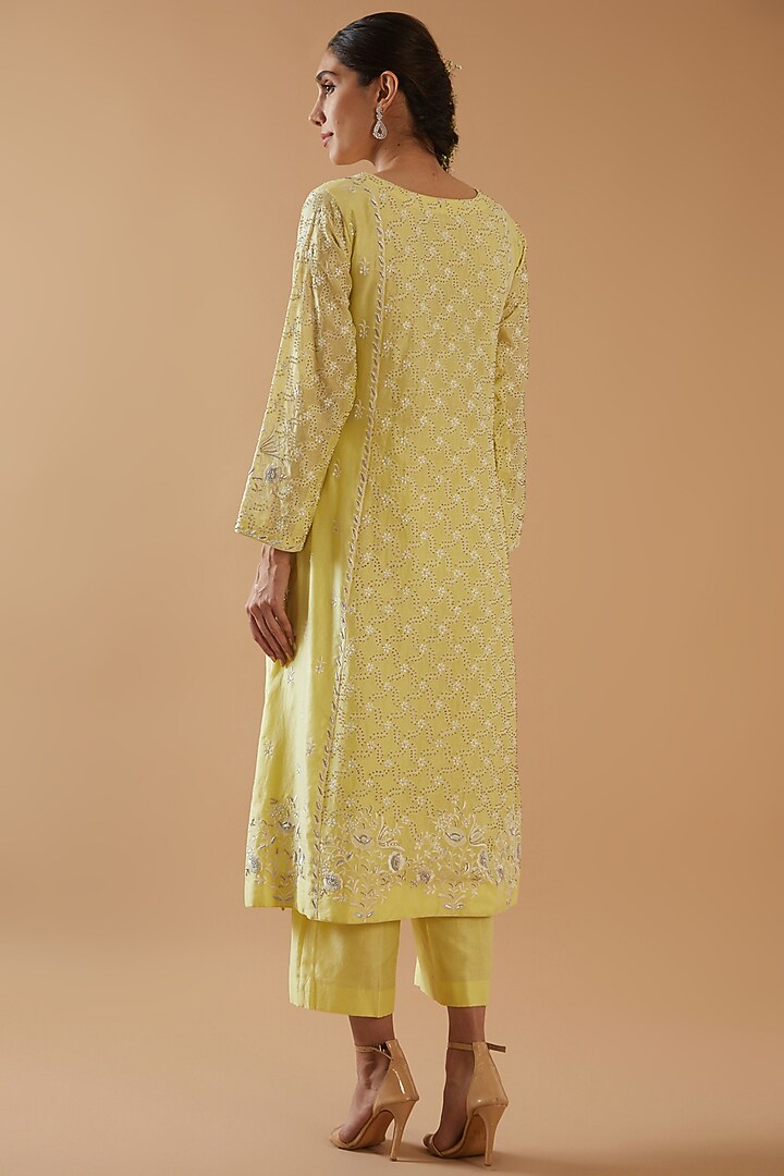 Lemon Yellow Chanderi Silk Embroidered Kurta Set by ANGSA BY NIDHIR & SHELLY at Pernia's Pop Up Shop