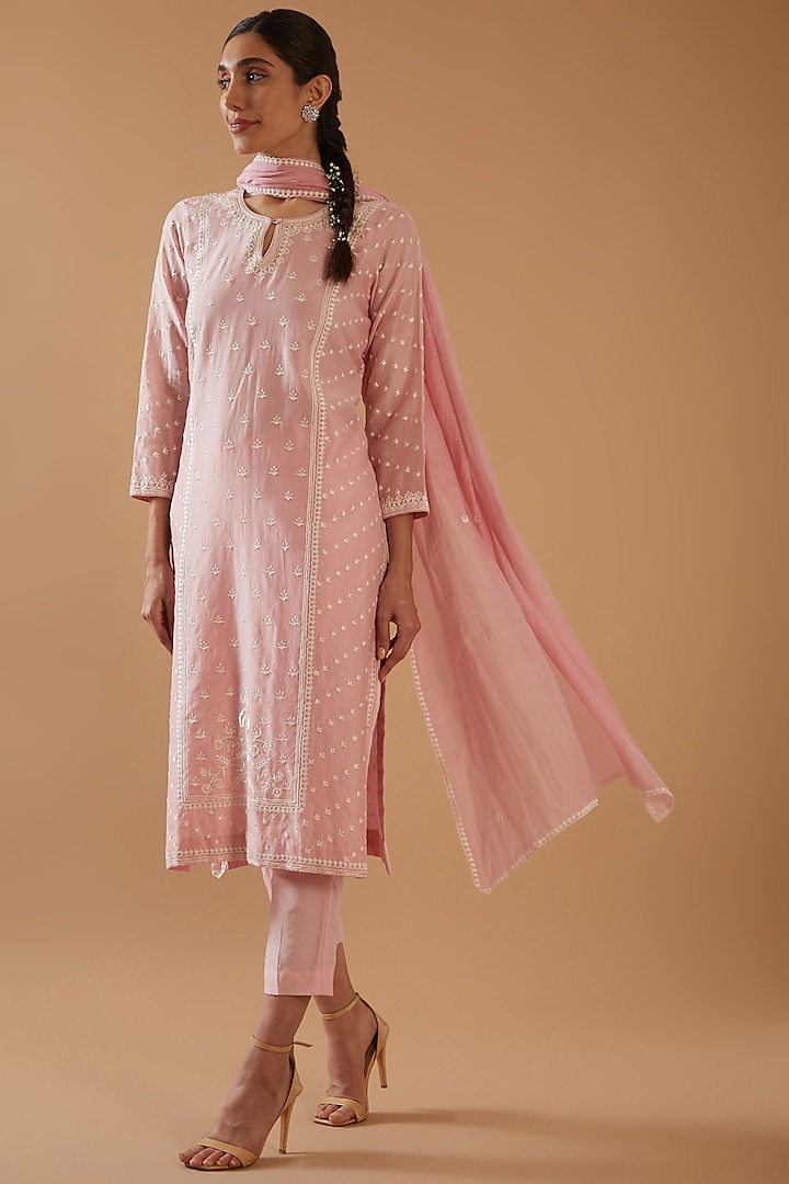 Rose Pink Chanderi Silk Embroidered Kurta Set by ANGSA BY NIDHIR & SHELLY