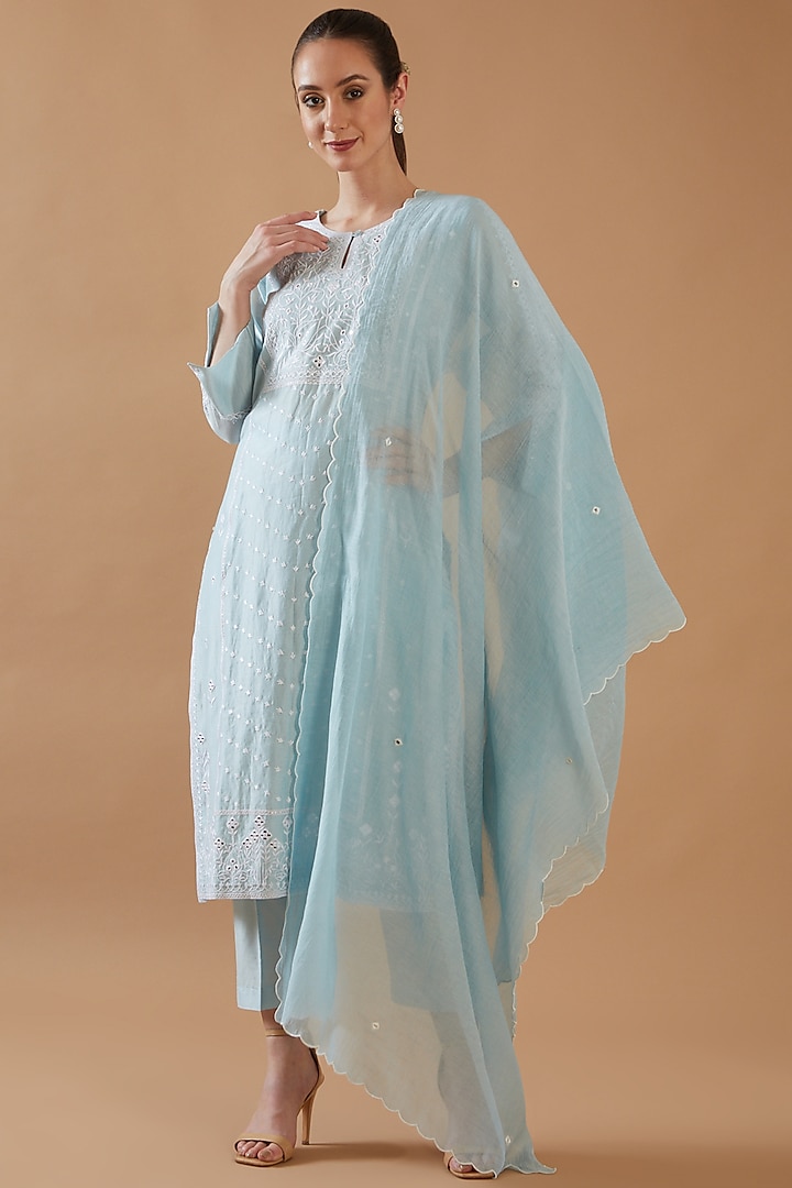 Sky Blue Chanderi Silk Embroidered Kurta Set by ANGSA BY NIDHIR & SHELLY