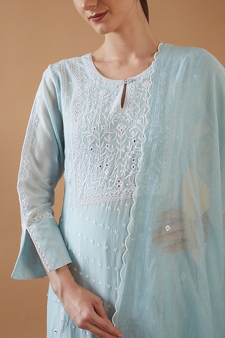 Sky Blue Chanderi Silk Embroidered Kurta Set by ANGSA BY NIDHIR & SHELLY at Pernia's Pop Up Shop