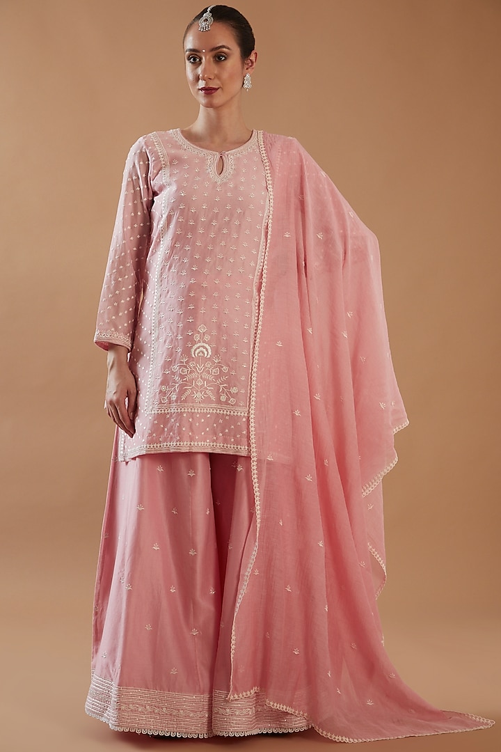 Rose Pink Chanderi Silk Embroidered Sharara Set by ANGSA BY NIDHIR & SHELLY