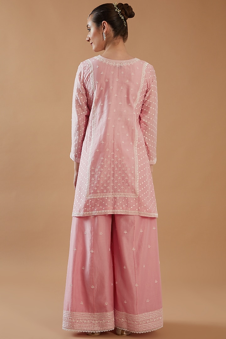 Rose Pink Chanderi Silk Embroidered Party Wear Sharara Set by ANGSA BY NIDHIR & SHELLY at Pernia's Pop Up Shop