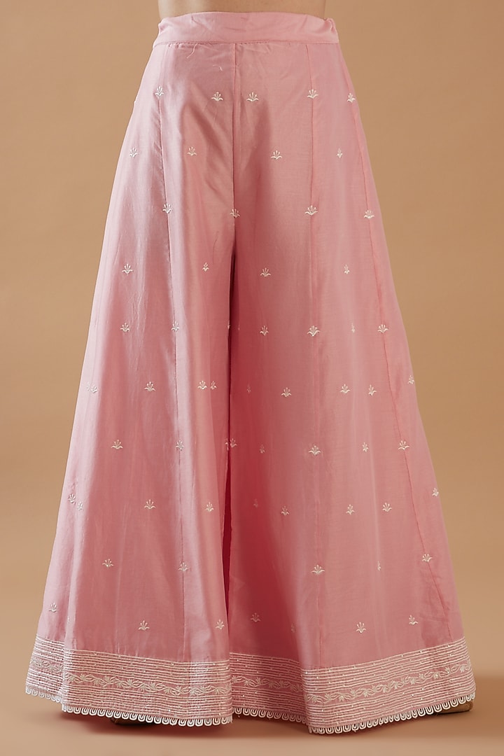 Rose Pink Chanderi Silk Embroidered Party Wear Sharara Set by ANGSA BY NIDHIR & SHELLY at Pernia's Pop Up Shop