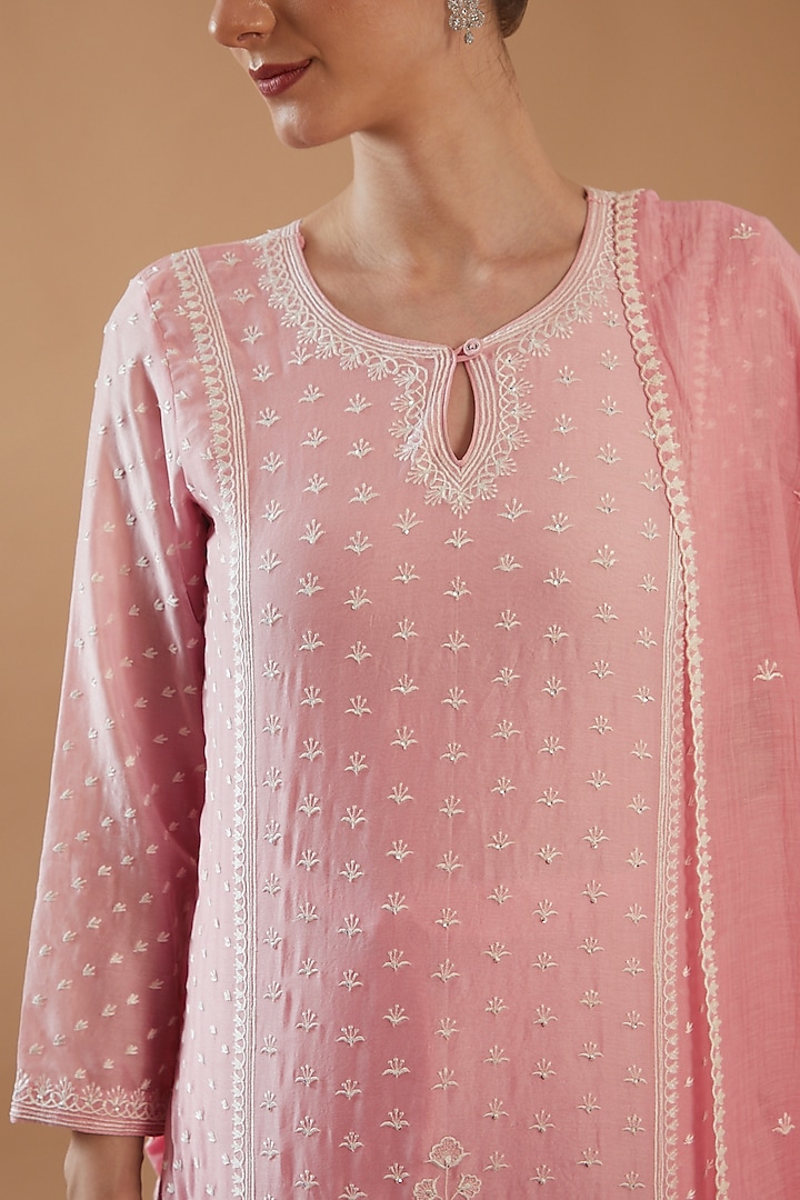 Rose Pink Chanderi Silk Embroidered Party Wear Sharara Set by ANGSA BY NIDHIR & SHELLY at Pernia's Pop Up Shop