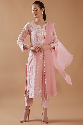 Rose Pink Chanderi Silk Embroidered Kurta Set by ANGSA BY NIDHIR & SHELLY