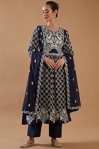 Navy Blue Chanderi Silk Embroidered Kurta Set by ANGSA BY NIDHIR & SHELLY