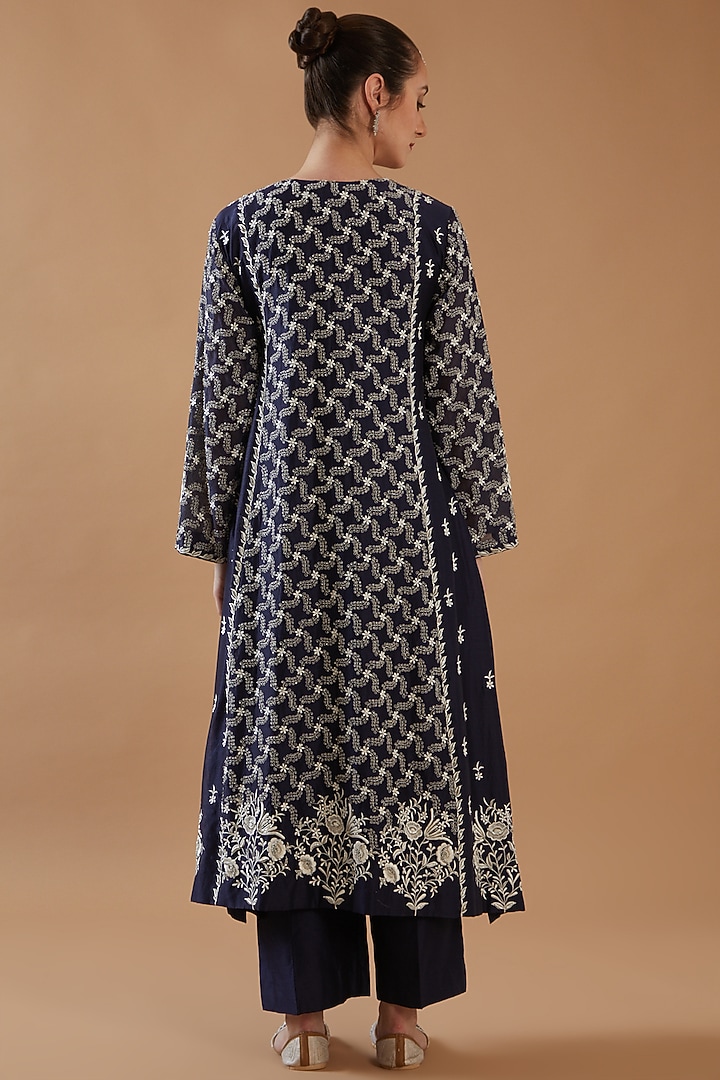 Navy Blue Chanderi Silk Embroidered Kurta Set by ANGSA BY NIDHIR & SHELLY at Pernia's Pop Up Shop