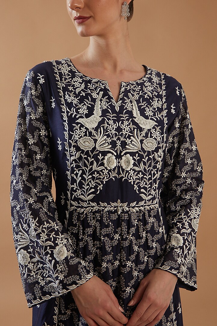 Navy Blue Chanderi Silk Embroidered Kurta Set by ANGSA BY NIDHIR & SHELLY at Pernia's Pop Up Shop