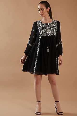 Black Georgette Embroidered Dress by ANGSA BY NIDHIR & SHELLY