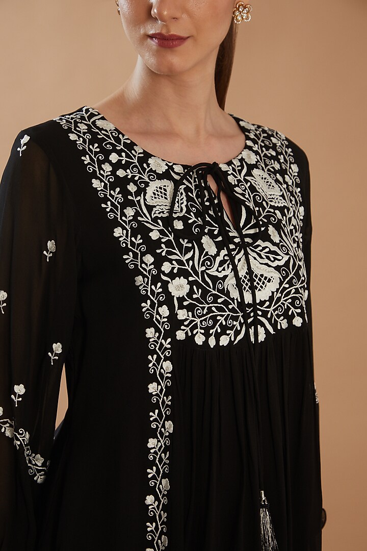 Black Georgette Embroidered Summer Dress by ANGSA BY NIDHIR & SHELLY at Pernia's Pop Up Shop