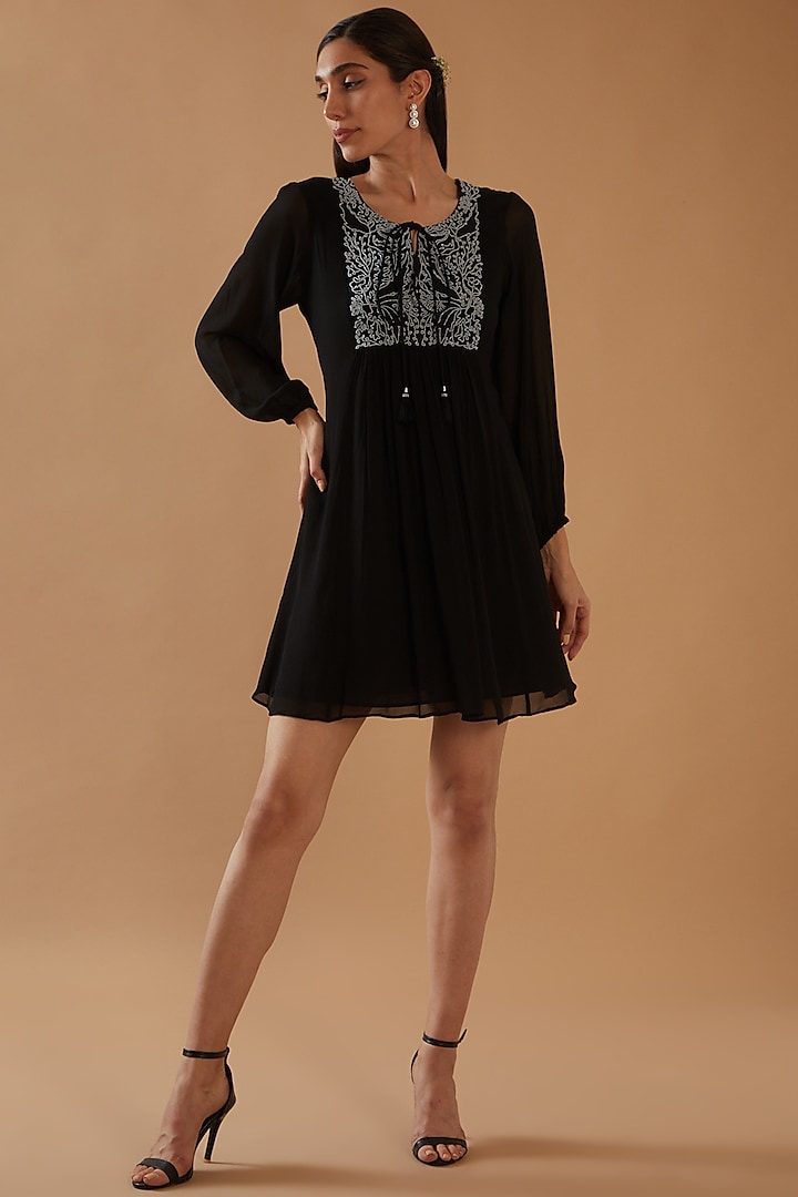 Black Georgette Embroidered Dress by ANGSA BY NIDHIR & SHELLY