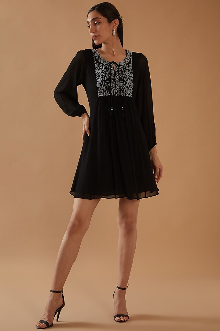 Black Georgette Embroidered Dress by ANGSA BY NIDHIR & SHELLY at Pernia's Pop Up Shop